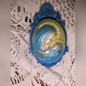 Baby Jesus & Mary In Handmade Oval Cameo Brooch in Blue Resin Frame